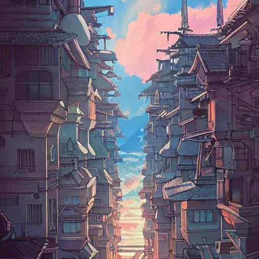Prompt: a glowing ghibli painting of an apocalyptic city, beautiful lighting, studio ghibli style, art by Hayao Miyazaki and Isao Takahata, highly detailed, 8K, smooth, cinematic, vibrant colors, artstation trends, japanese animation, stunning art and growing imagination
