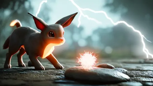 Prompt: evee touching a thunder stone to evolve while lightning hits in the background
