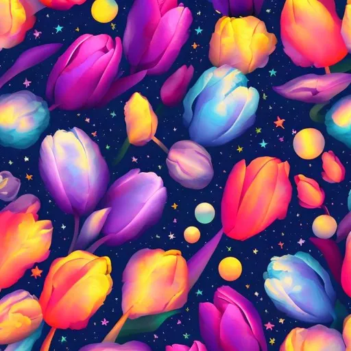 Prompt: Moody tulips in outer space in the style of Lisa frank