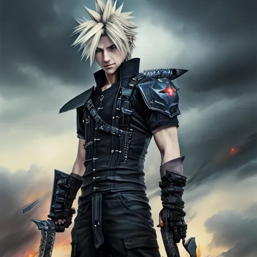 Prompt: Portrait of {Cloud Strife} with {blonde} hair and with handsome face, {dark clouds}, perfect composition, hyperrealistic, super detailed, 8k, high quality, trending art, trending on artstation, sharp focus, studio photo, intricate details, highly detailed, by greg rutkowski