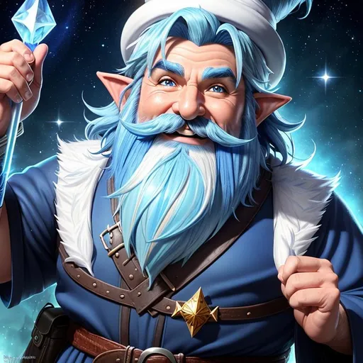 Prompt: male gnome, youthful yet old face, dnd character, sorcerer, excited smile, flamboyant outfit, extra large long nose, extra big eyes, wide well groomed handlebar mustache, wild blue hair with white highlights, blue mustache with white streaks, oil painting, fantasy,  UHD, hd , 8k, , hyper realism, Very detailed, zoomed out view of character, panned out view, full character visible, is wearing medieval attire, character art,