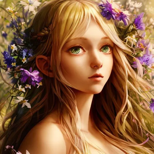 Prompt: a fairy goddess , erherial, light colored hair,surrounded with wildflowers