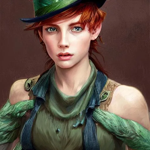 Prompt: portrait of young woman, rugged, fenenine, handsome, upper body, red hair, short hair, green eyes, gren clothes, top hat, D&D, fantasy, intricate, elegant, highly detailed, digital painting, artstation, concept art, cutscene, sharp focus, illustration, art by Artgerm and Greg Rutkowski and Alphonse Mucha