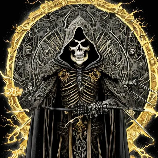 Prompt: Black boned skeleton with intricate gold detailed design on bones, wearing black wizard’s robes with intricate gold detailing. in his left hand Holding a sword covered in lightning. Holding a black staff in his right hand. Wearing a mask and a black hooded robe. Standing on hill in front of a tall white tower