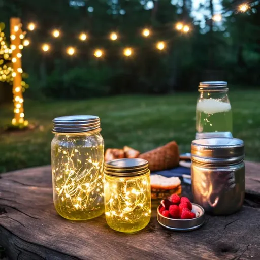 Prompt: A nice picnic table with a fairy light jar on it and a couple of drinks and foods