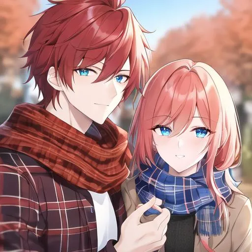 Prompt: Zerif 1male (Red side-swept hair covering his right eye, blue eyes), highly detailed face, wearing a cozy flannel shirt and a pair of stylish jeans. In the park, fall.  wearing a scarf, looking up at the sky, in a pumpkin patch, adult. Handsome,  detailed, UHD, HD, 4K, highly detailed, red haze, masculine, anime style