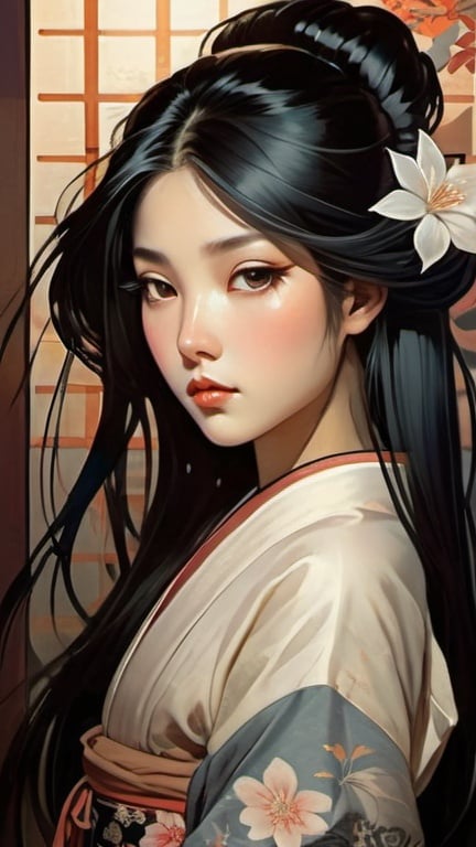 Japanese girl with long straight black hair, traditi... | OpenArt