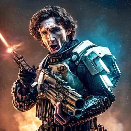 Prompt: A 28 year old Paul McGann shouting angrily wearing an armored futuristic scifi military uniform and holding an advanced exotic shotgun in full color