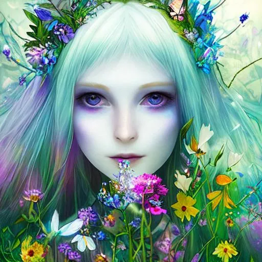 Prompt: fairy goddess, pale skin, ethereal,dreamscape, wildflowers, vivid colors,closeup