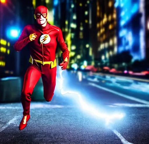 Prompt: 
A man in a Flash costume running in a forward position   in the city intensely looking at the camera
letting off streaks of lightning 
HIGH definition ultra realstic 
Close up. Cinematic. Shot on sony A7 IV. Normal lighting 