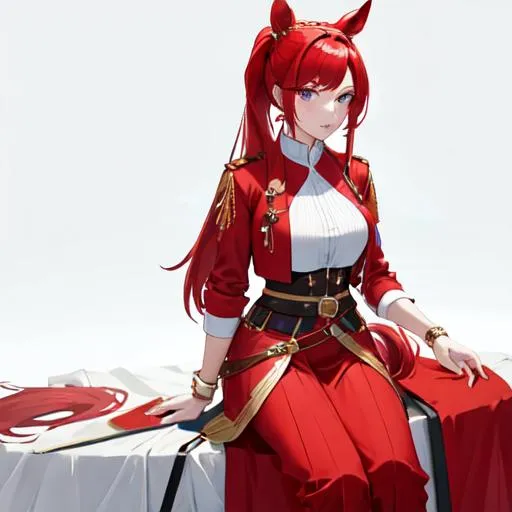 Prompt: Haley as a horse girl with bright red hair pulled back, wearing a casual royal outfit, UHD, highly detailed