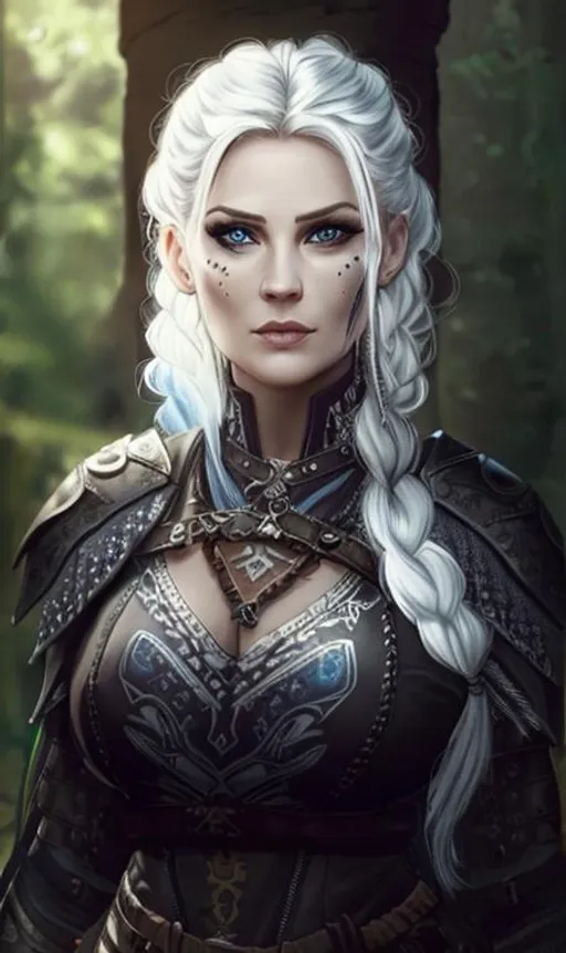 Prompt: sticker of ultra detailed half body shot, photorealistic, busty, 4k, high quality cell shaded illustration, nordic warrior woman, 35 years old, deep scars on the right side, lightblue face tattoo, tribal, wearing dark grey medieval leather armor, dungeons and dragons, fantasy, braided white hair 
