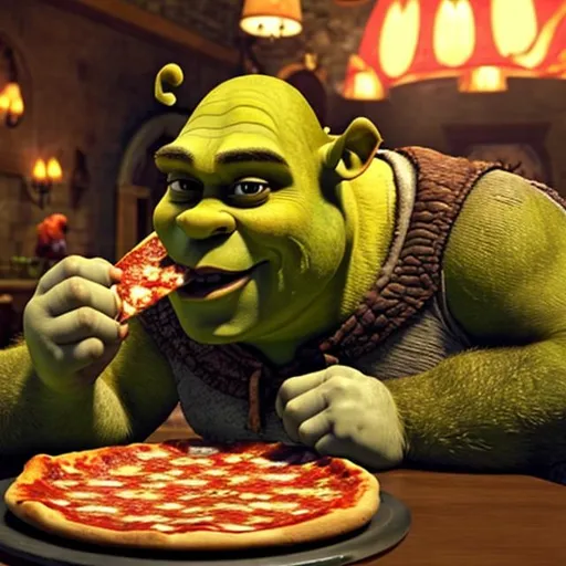 Prompt: Shrek Eating Pizza