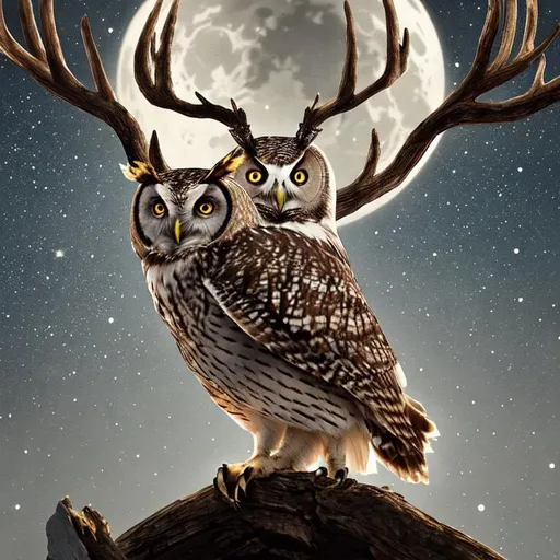 Prompt: High quality photo, an owl with deer head, hyperdetailed, realistic theme, nighttime, half moon in the sky, shouting stars, medium shot