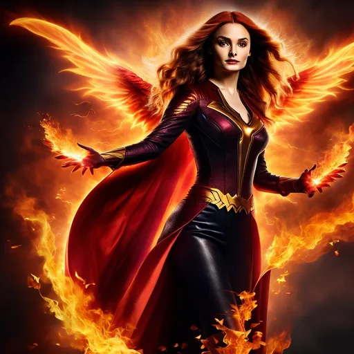 Prompt: High-resolution hyperrealistic photo of the dark phoenix merged with the scarlet witch, full-body, fiery phoenix aura, chaos magic, {{holding a grimoire}}, scarlet and ruby and gold costume, uhd, hdr, 64k