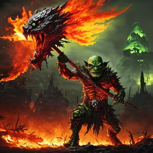 Prompt: green-skin goblin warlord, glowing red eyes, in front of fiery burning battlefield, realistic detailed dark fantasy scene