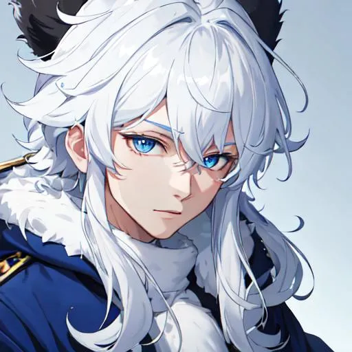 Prompt: Male, 8k, UHD,  highly detailed, white hair, blue eyes, wearing a fluffy giant jacket and a ushanka