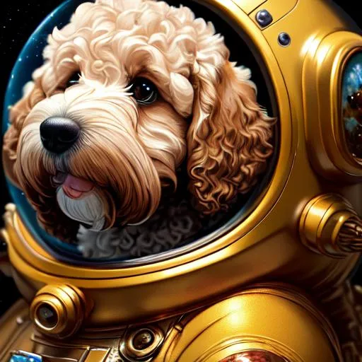 Prompt: A golden doodle puppy wearing a spacesuit closeup by greg rutkowski, aaron horkey on artstation mayan, hyperrealism, highly detailed, on mayan, photorealism, 8k p