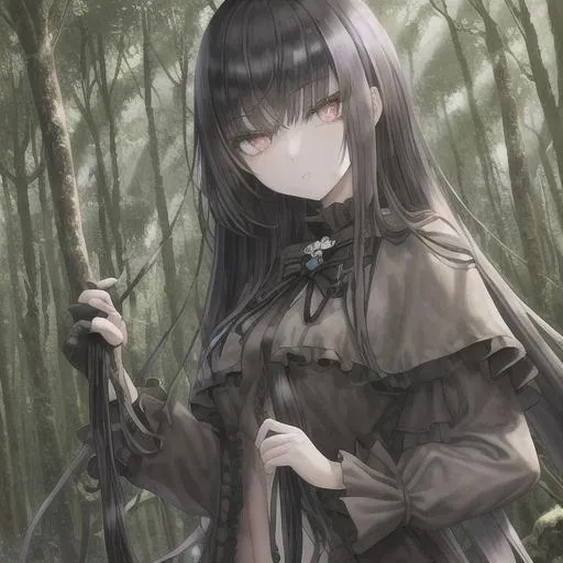 Prompt: light raven haired girl with beautiful eyes
in a forest with obsidian highlights 
