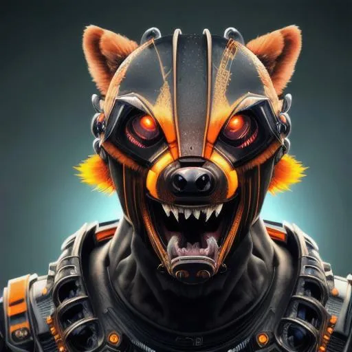 Prompt: aggressive honey badger with teeth showing mouth on the hunt, orange eyes(glowing),cyberpunk elements, half animal half man, masterpiece, 8k, hdr