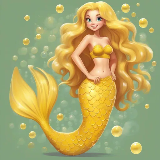 Prompt: Mermaid, tan mertail covered in yellow bubbles, yellow top, puffy tan hair, masterpiece, best quality, in cartoon style