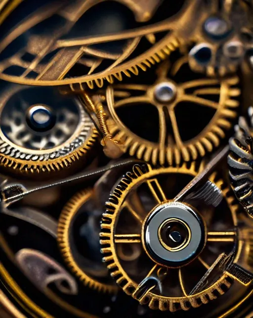 Prompt: Macro close up shot of the inner workings of an old analog pocket watch. The intricate gears and springs are perfectly illuminated. Fine details are visible. Shot with a macro lens and ring flash on a Nikon D780. Mechanical, precise, and complex.