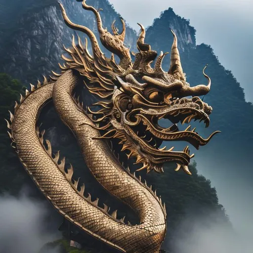 Prompt: Please create a professionally taken photograph (portrait), best quality, (8k, RAW photo, best quality, masterpiece:1.2), (realistic, photo-realistic:1.4), ultra-detailed, perfect detail. Chinese dragon in misty mountains