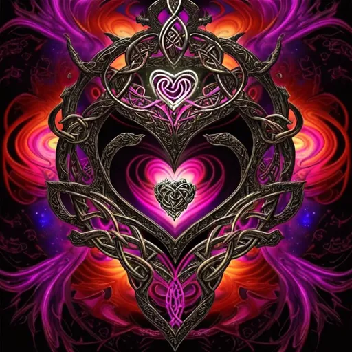 Prompt: beautiful freeform dark chaos epic bold, 3D, HD, {one}({liquid metal {Celtic}Heart} with {purple gold pink green red silver blood}ink), expansive cosmos background --s99500