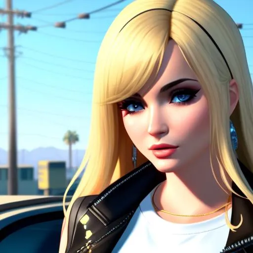 Prompt: kim petras in GTA V, Los Santos, beautiful, sunny day, highly detailed, sharp focus