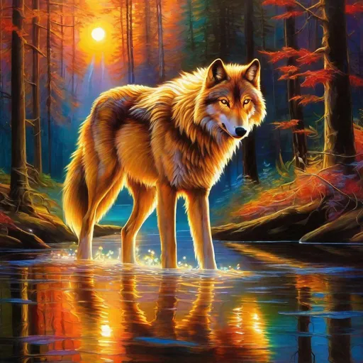 Prompt: Insanely beautiful (wolf) that is glowing, epic oil painting thick golden mane, on two legs, translucent, luminescent, illusion, glistening fiery mane, glows like the sun, flaming red eyes, majestic wolf face, energetic fox, in a enchanted woods near a lake, fantasy, magical, sunrise, beneath the stars, crystal lake, waterfall, bioluminescent, highres, best quality, concept art, epic digital art, intricately detailed, cinematic, 8k eyes, highly detailed eyes, highly detailed, 64k, vibrant, UHD, professional