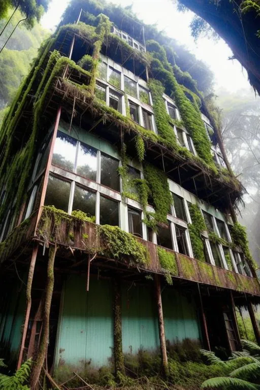 Prompt: building overtaken by squid eerie tentacles, in massive threatening forest, trees and plants bigger than skyscrapers, vines and moss, thorny roots and vines crack through walls, overgrown, danger lurks benath,  Some remains of buildings and infrastrucutre from a long abandoned city pop out in between the canopy of green, heavily overgrown, twilight darkness, rainy, overgrown streets, overgrown vehicles, rubble, apocalyptic, no lights, desolate, dark cloud, rain, wasteland, rain twilight,