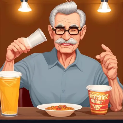 Prompt: Breathtaking vector image of mid 50's aged man calling cheers with a plastic cup in a new Mexican dinner. Award winning Ultra HD Vector image.