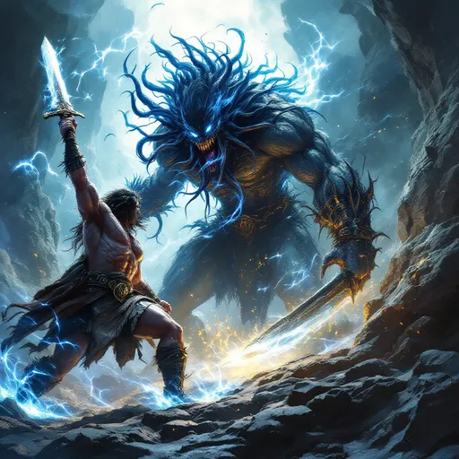 Prompt: epic battle scene, Conan facing the mythic creature known as "Cthulhu Mythos", Conan has a detailed broad sword in one hand and a long dagger in the other, a bright blue flame surrounds the battle, fantasy style, dramatic poses, swirling shadows, intense expressions, rugged, battle-worn armor, ethereal glow, jagged cliffs in the background, deep blues and purples with touches of silver, ominous atmosphere, high depth dramatic lighting, ultra-detailed, cinematic composition, mystical energy crackling around them, dynamic action.