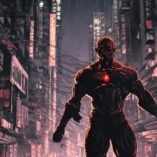 Prompt: muscular masked villain. Blood spatters. Very Dark image with lots of shadows. Background partially destroyed neo Tokyo. Noir anime. Gritty. Dirty.