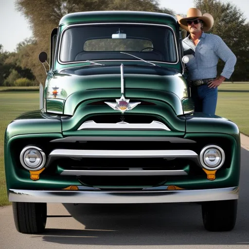 Prompt: A tall man, adorned in his cowboy hat, leans against his 1953 Ford F-100 exuding effortless coolness.  