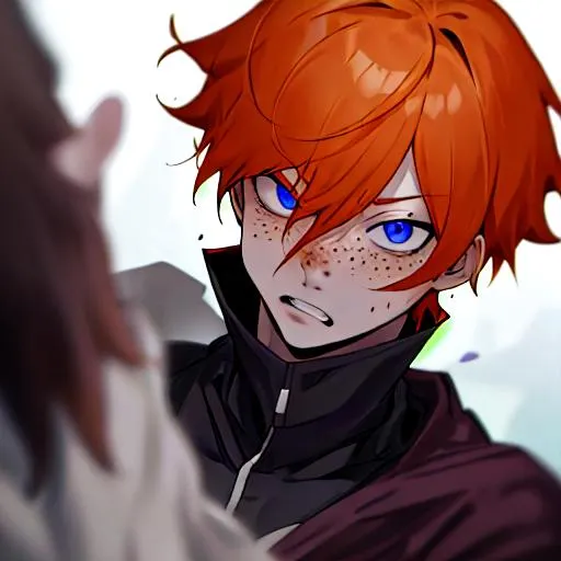 Prompt: Erikku male adult (short ginger hair, freckles, right eye blue left eye purple) UHD, 8K, Highly detailed, insane detail, best quality, high quality,