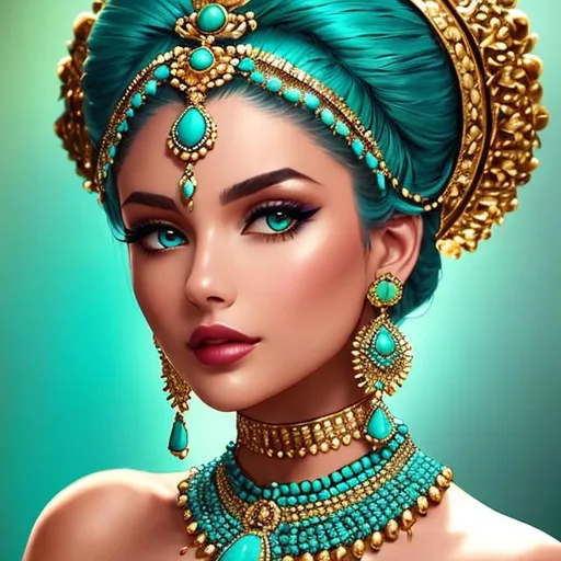 Prompt: An extremely gorgeous woman,  with top knots full of turquoise jewels, in color scheme of turquoise and gold