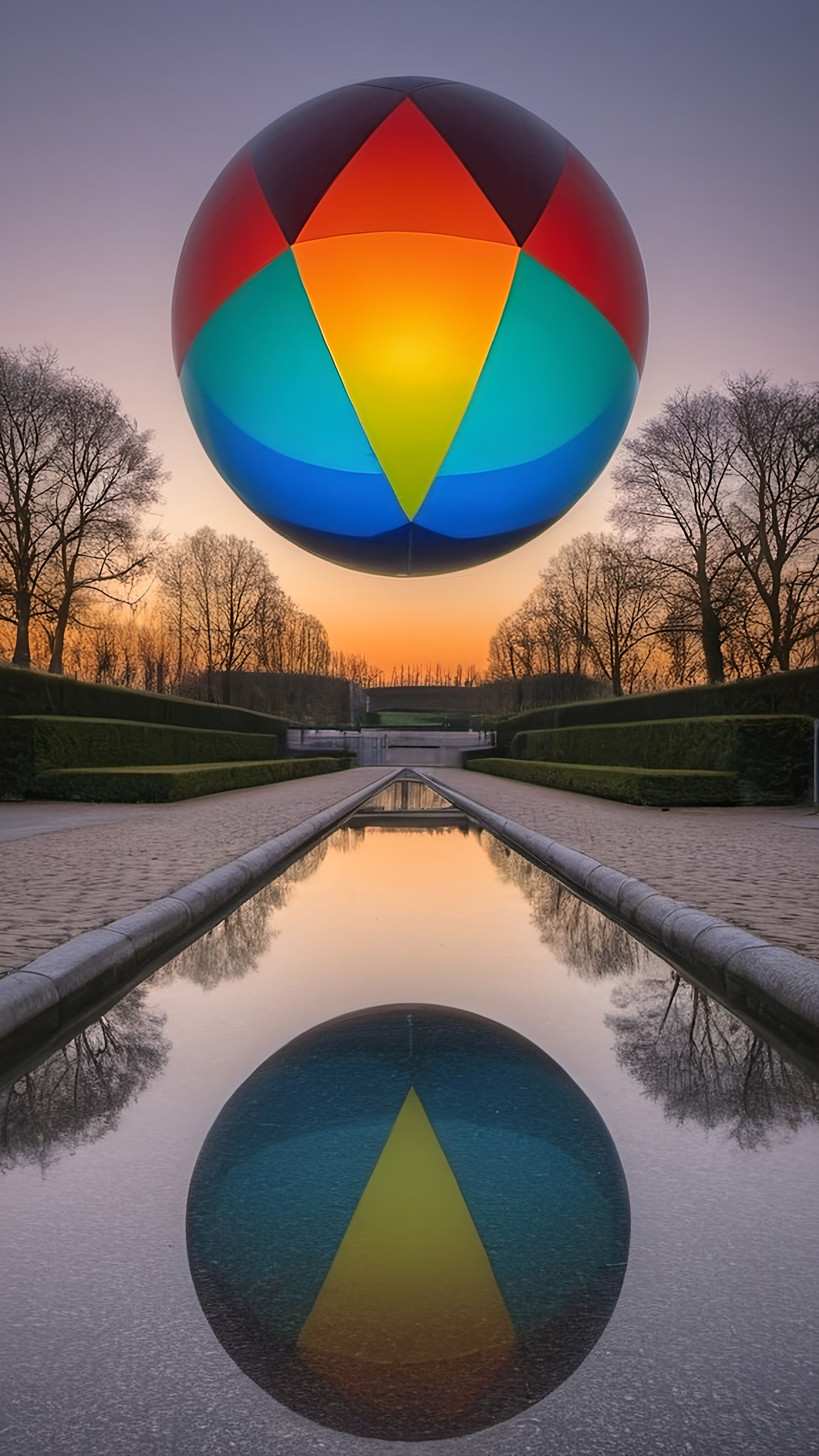 Prompt: a large colorful object floating over a pool of water at sunset or dawn with trees in the background and a reflection in the water