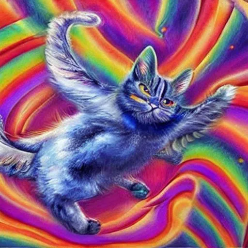 Prompt: Realistic Art of a flying Rainbow Cat.