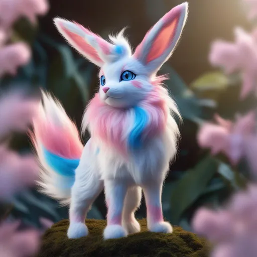 Prompt: Sylveon, realistic, photograph, epic oli painting, hyper real, furry, hyper detailed, extremely beautiful, UHD, studio lighting, best quality, professional, 8k eyes, 8k, highly detailed, highly detailed fur, canine quadruped, (high quality fur), fluffy, fuzzy, full body shot, zoomed out view of character, perfect composition, trending, instagram, artstation, unreal engine, high octane, cute, adorable smile, peaceful, (highly detailed background), vivid, vibrant, incredibly realistic golden retriever fur, concept art, character reveal, extremely detailed fur, rich shading, vivid colors, high saturation colors, nintendo, pokemon, silver light beams