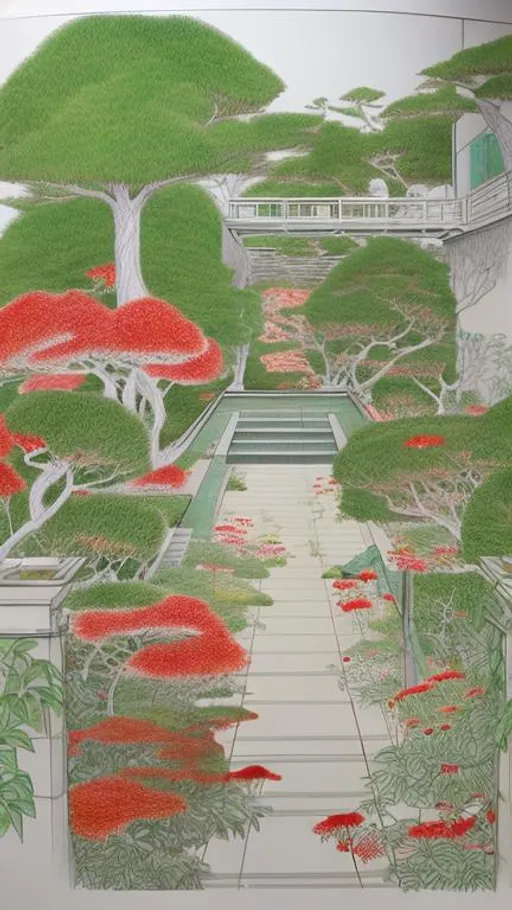 Prompt: A drawing made by Daisuke Tajima in a reference to his book beyond the lines. there is a secret garden with green trees and red flowers and plants. a beautiful tiger 