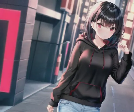 Prompt: Girl with black hair and red eyes in a cityscape at night wearing a black hoodie and jeans 