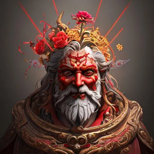 Prompt: pencil drawing, lines, happy ancient wizard, flowers, evil, red and gold, grandiose, overpowering render, dark fantasy, unreal engine, raytracing, post-processing, zbrush, substance painter, trending on ArtStation, epic perspective, composition, photorealistic, vfx, cgsociety, volumetric lighting, + cinematic + photo + realism + high detail, cgi, 8k, --ar 16:9