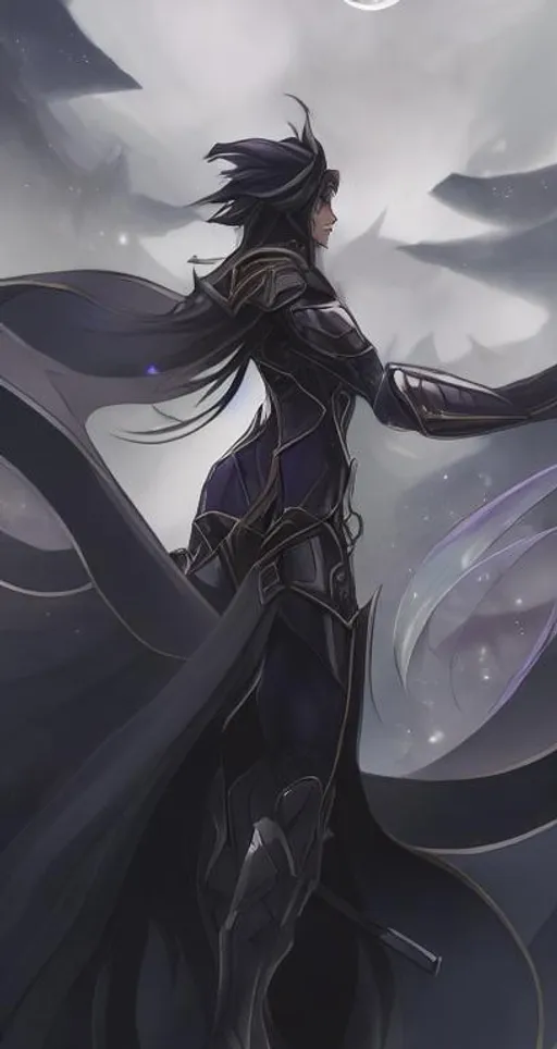 Prompt: A male (very long dark hair), Rising Of The Shield Hero, dark background, night sky, starry sky, black cape, windblown cape, iridescent colours, shades of purple, shades of blue, shades of red, low angle, three-quarter view, matte black colours, somber colours, cold colours, white mist, misty background, black uniform, handsome face, handsome, cool colours, cool shades, night, night colours, moonless sky, windblown hair, straight wavey hair, black trousers (joggers or pants), flowing hair, windblown, windy, blown cape, blown hair, high quality, high definition, 4k, dynamic pose, back view, full body shot, full body, black iris, high resolution.
