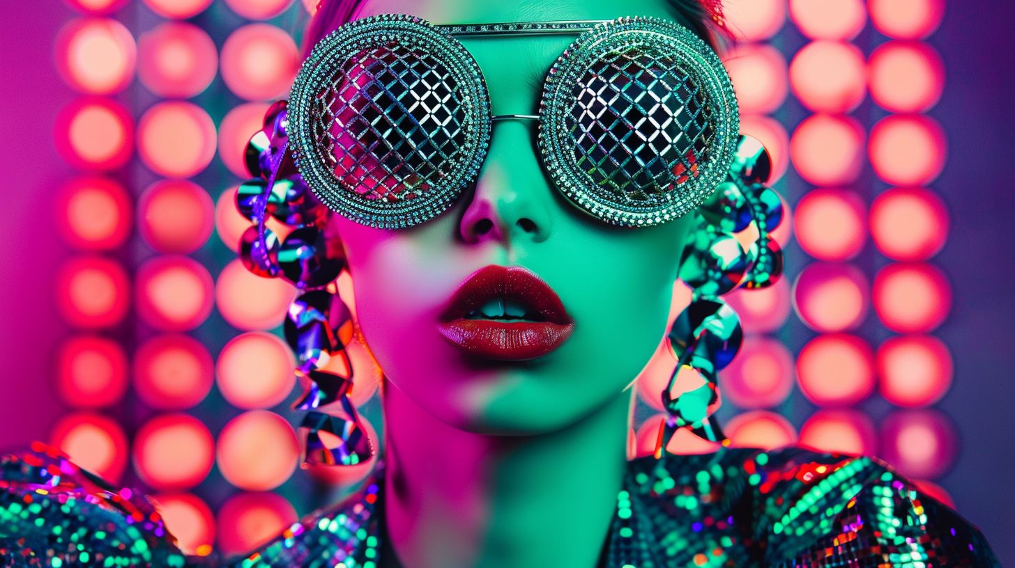 Prompt: Futuristic woman portrait, adorned in shimmering, iridescent garments and accessories. Her oversized, intricately patterned sunglasses reflect a grid mirroring the backdrop. The luminous digital hues seamlessly merge with her attire, while her bold red lips provide a striking contrast against the vibrant color palette. Raw, unedited photograph.