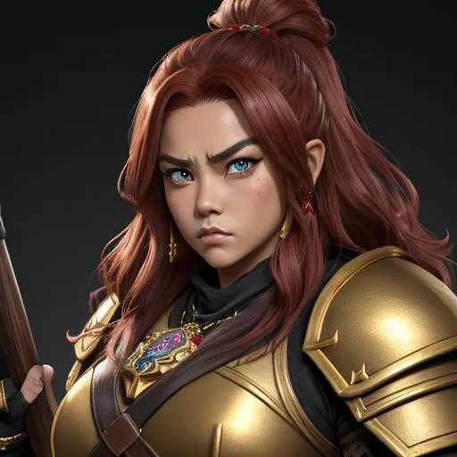 Prompt: masterpiece, splash art, ink painting, beautiful pop idol, D&D fantasy, (25 years old) lightly tanned-skinned gold Dwarf barbarian female, ((beautiful detailed face and large eyes)), ((short, stocky, dwarf proportions)), raging expression, medium length red hair, serious expression looking at the viewer, wearing detailed hide armor holding a huge battle axe above in one hand #3238, UHD, hd , 8k eyes, detailed face, big anime dreamy eyes, 8k eyes, intricate details, insanely detailed, masterpiece, cinematic lighting, 8k, complementary colors, golden ratio, octane render, volumetric lighting, unreal 5, artwork, concept art, cover, top model, light on hair colorful glamourous hyperdetailed medieval city background, intricate hyperdetailed breathtaking colorful glamorous scenic view landscape, ultra-fine details, hyper-focused, deep colors, dramatic lighting, ambient lighting god rays, flowers, garden | by sakimi chan, artgerm, wlop, pixiv, tumblr, instagram, deviantart