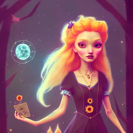 Prompt: witch with long blonde hair, tarot card, cute, sunflower, aesthetic, fairycore, disney, pixar, moon, stars, witchcraft, in a starry dark sky, beautiful, walking in a forest, sweet, dreamy, rpg, award winning illustration, artstation, highres, realistic