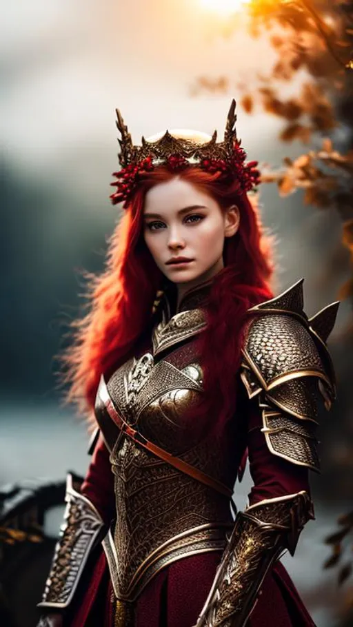 Prompt: Create a photograph of a beautiful fictional female human that is a dragon knight, with beautiful red dragon  armor, red hair, sword in hand and crown in head, extremely, detailed environment, detailed background, intricate, detailed skin, natural colors , professionally color graded, photorealism, 8k, moody lighting
