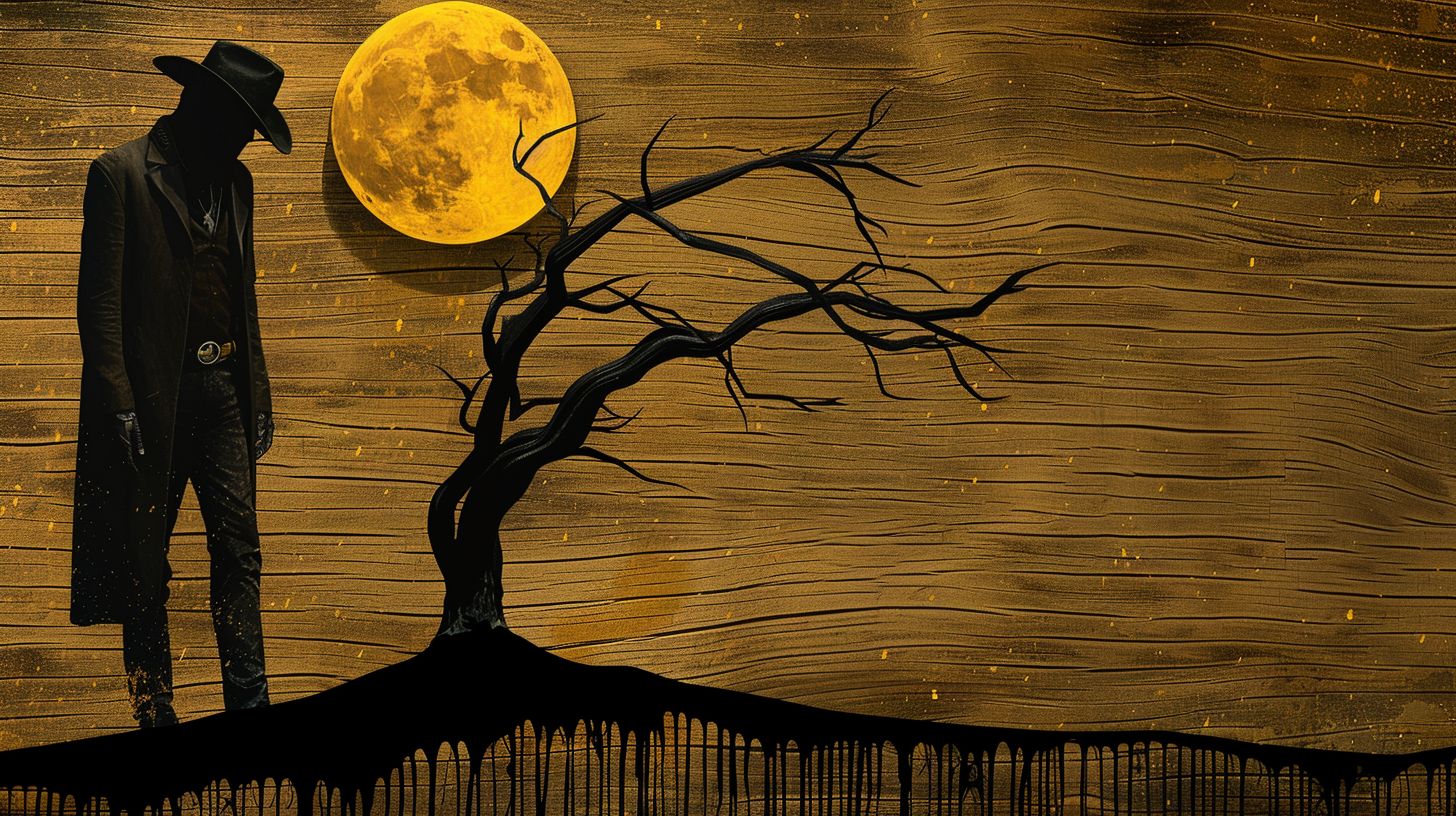 Prompt: Wide image of a mural that blends intricate woodwork design with cinema4d rendering. It features a dark cowboy on the moon's surface, with haunting shadows around. The artwork is influenced by pop culture, manga, and has a paper-like texture.