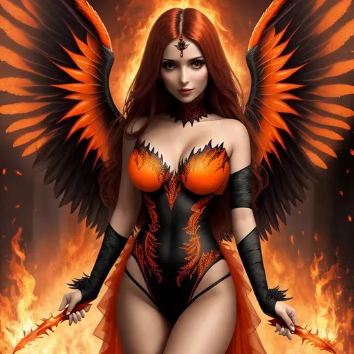 Prompt: A dark angel woman, beautiful dressed in orange and with wings of fire